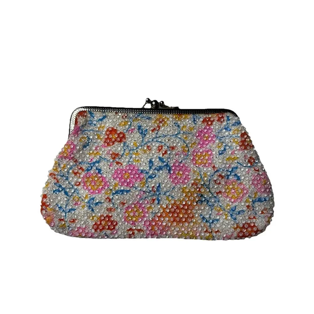 Vintage White Pink Red Blue Lumured Corde Bead Bag Hand Bag Wallet Coin Purse